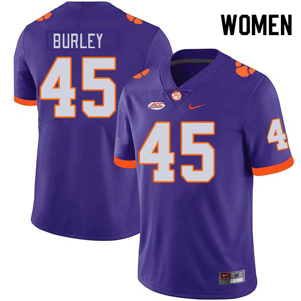 Women #45 Vic Burley Clemson Tigers College Football Jerseys Stitched-Purple - Click Image to Close